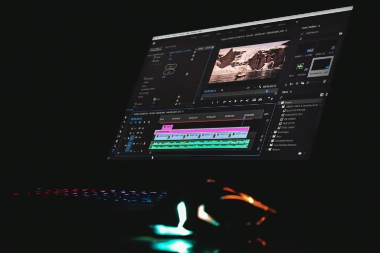 Computer monitor showing video editing software with a timeline and preview window